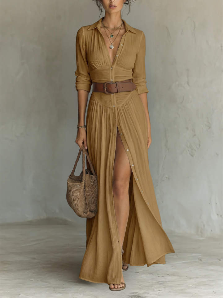 Elena | Vestito lungo maxi da donna con collo a revers e maniche lunghe in lino