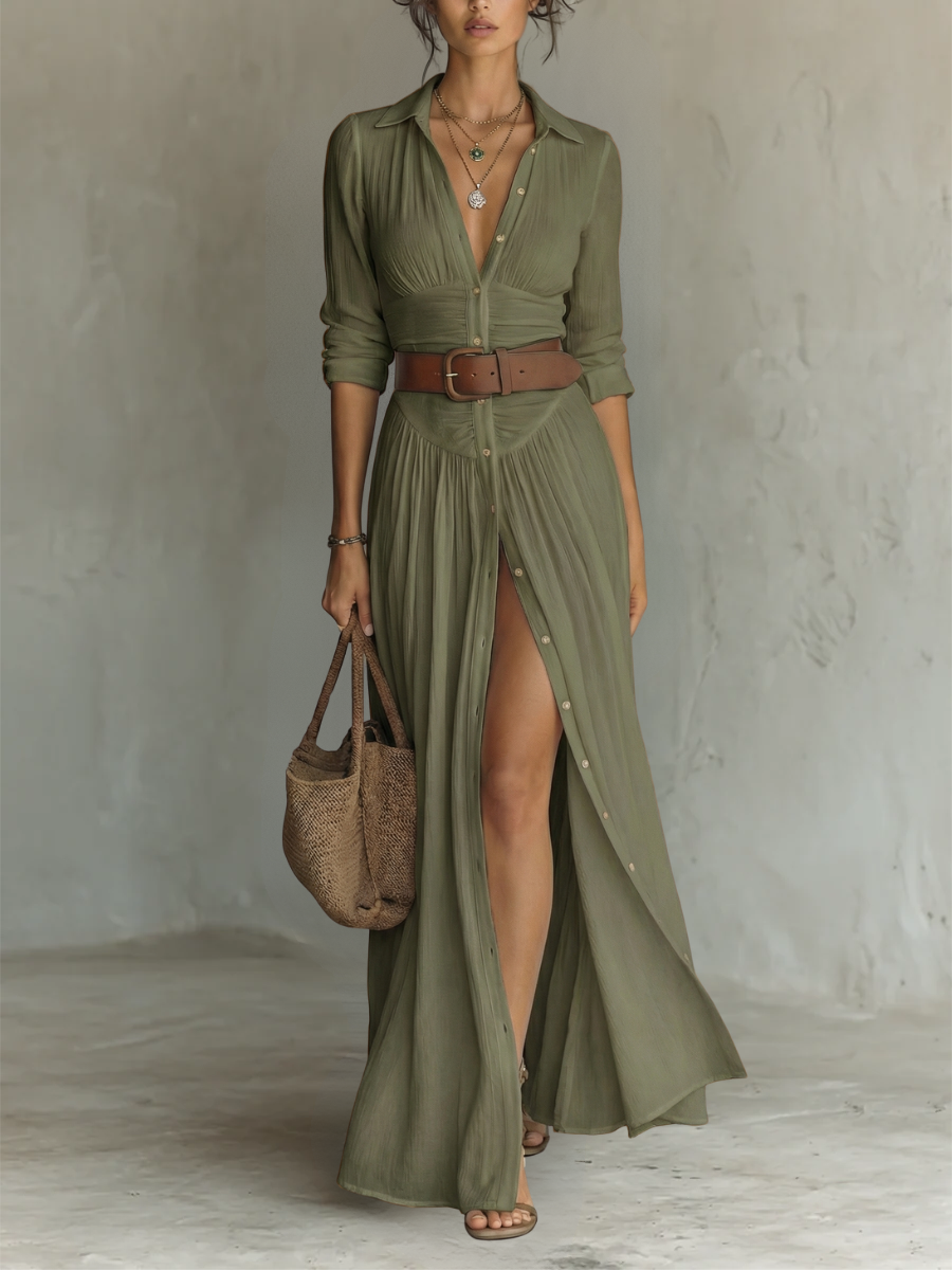 Elena | Vestito lungo maxi da donna con collo a revers e maniche lunghe in lino