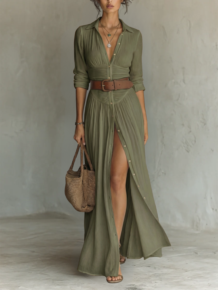 Elena | Vestito lungo maxi da donna con collo a revers e maniche lunghe in lino