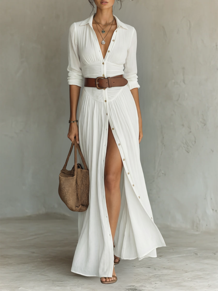 Elena | Vestito lungo maxi da donna con collo a revers e maniche lunghe in lino