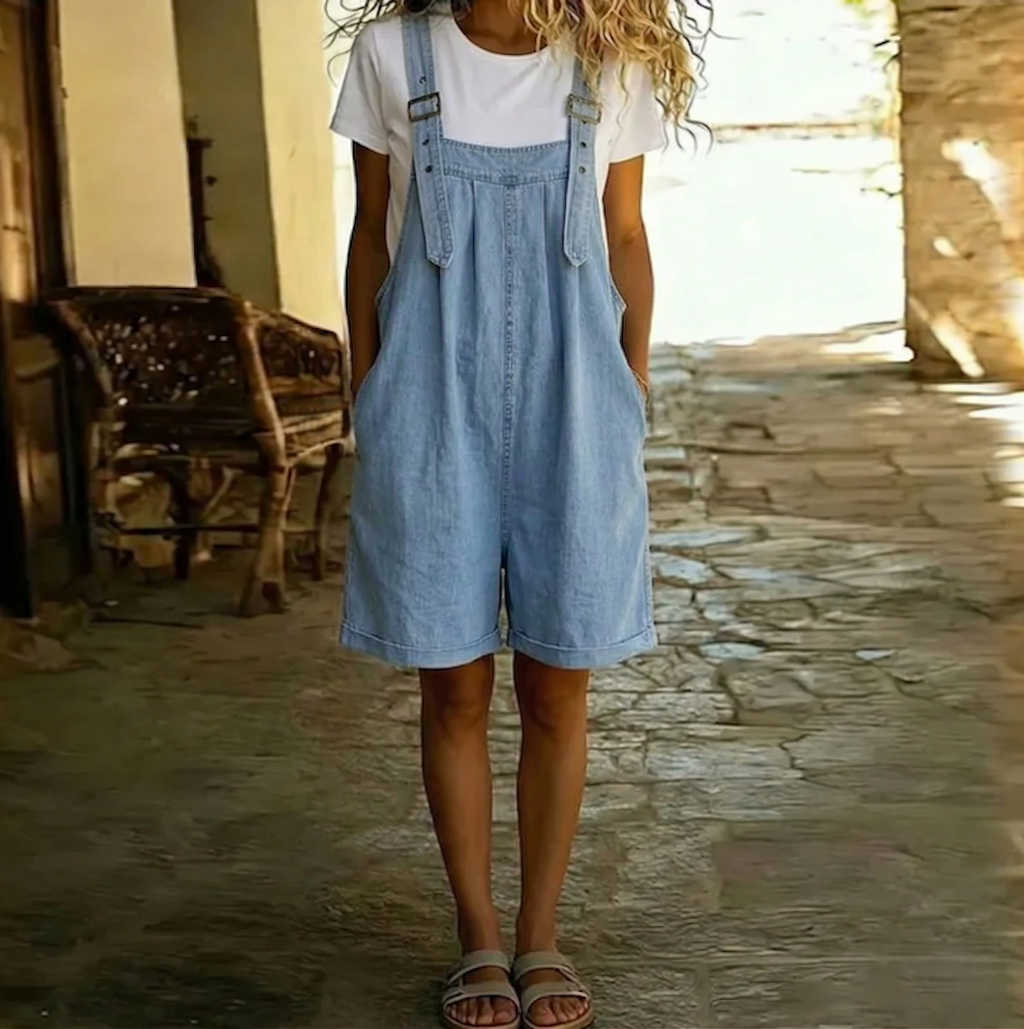 Saylor | Overol corto de denim lavado vintage suave, azul claro