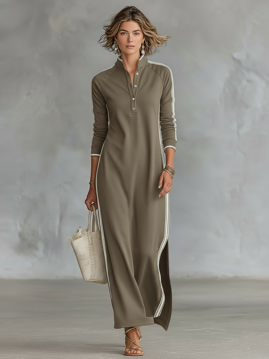 Vestido maxi de sudadera con cuello abotonado