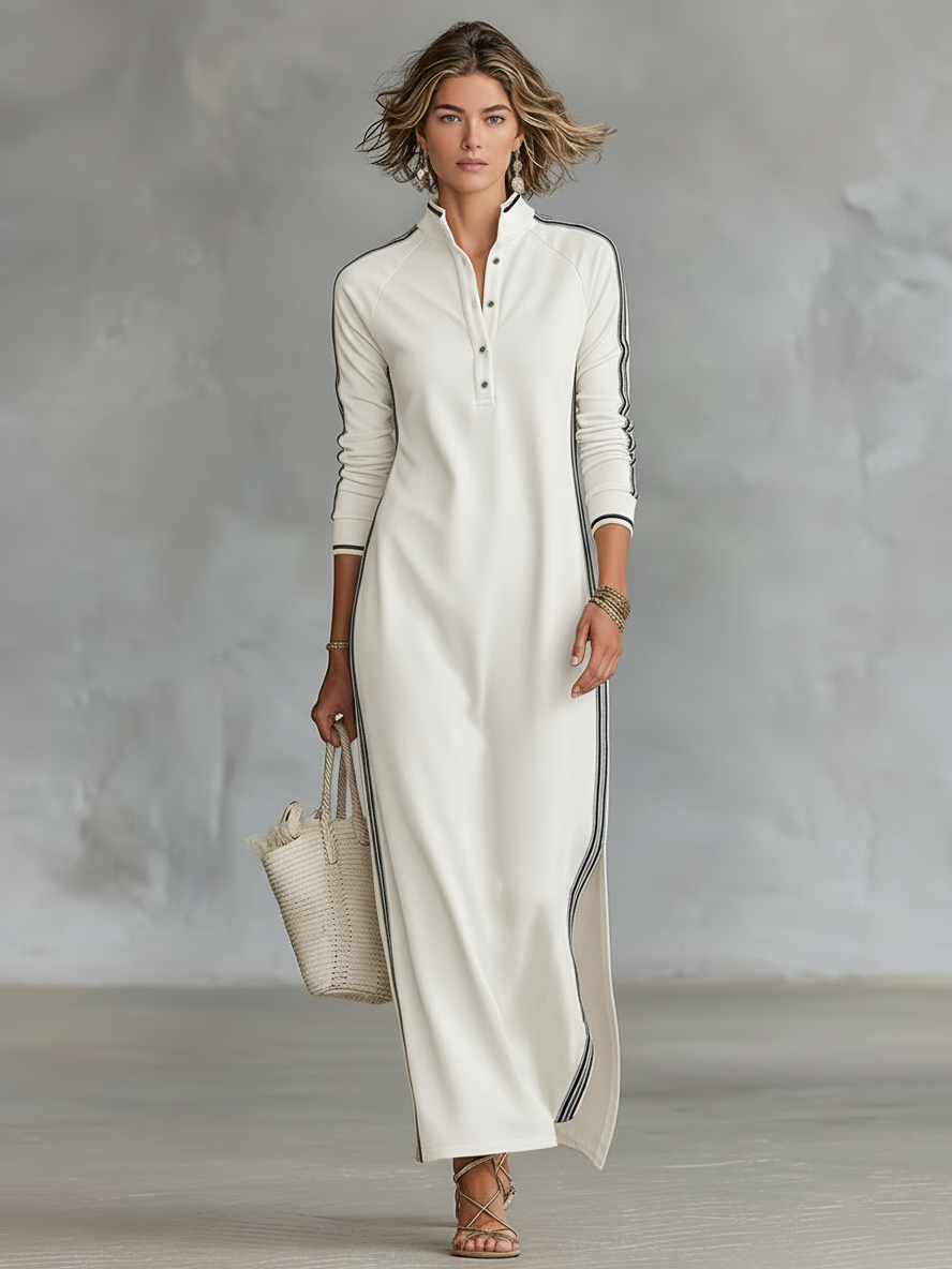 Vestido maxi de sudadera con cuello abotonado