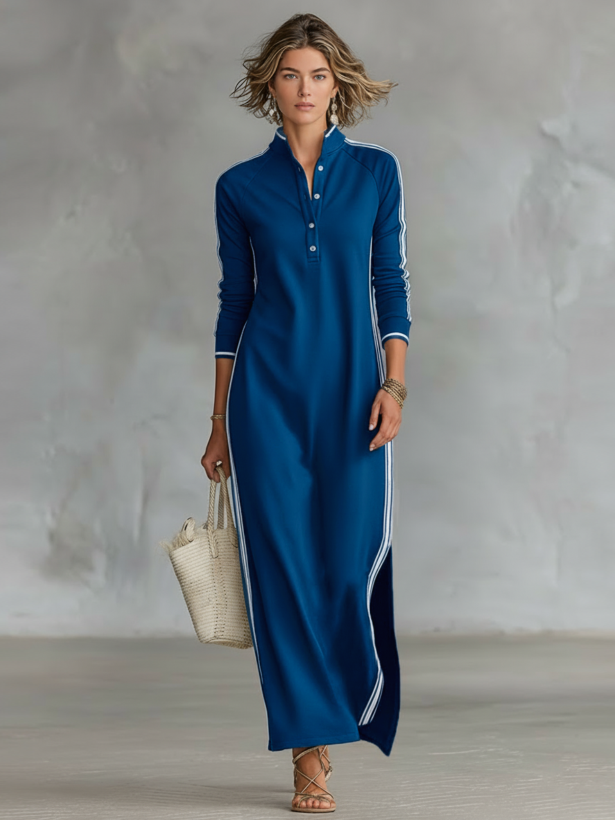 Vestido maxi de sudadera con cuello abotonado