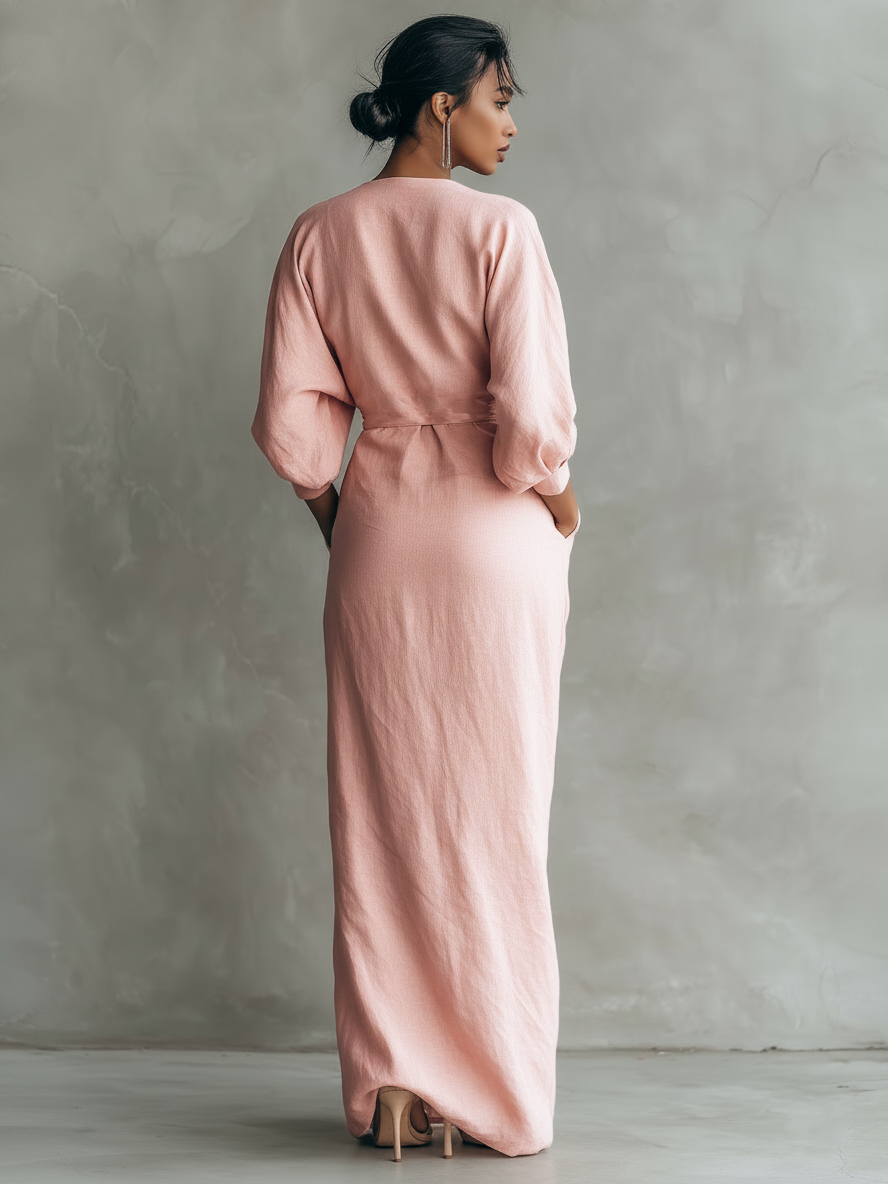 Vestido maxi de lino rosa con escote en V