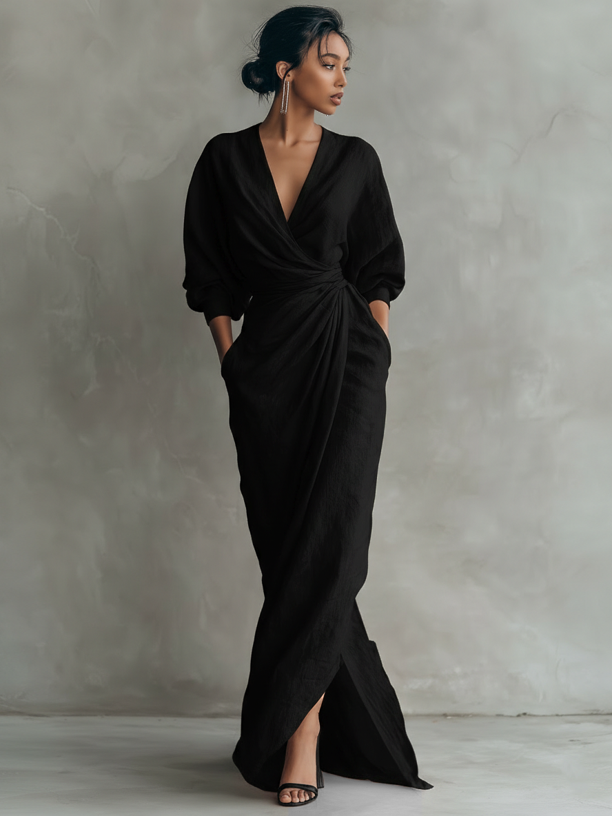 Vestido maxi de lino rosa con escote en V