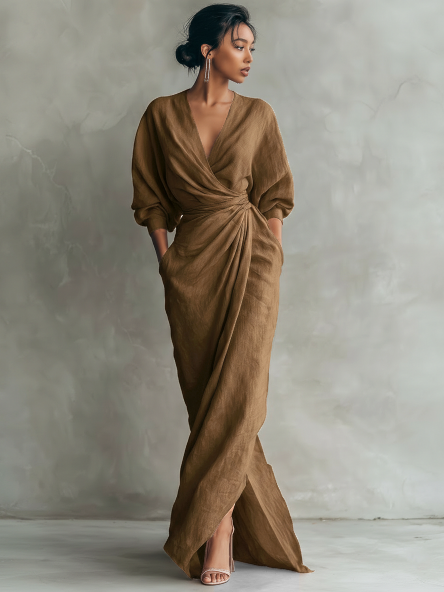 Vestido maxi de lino rosa con escote en V