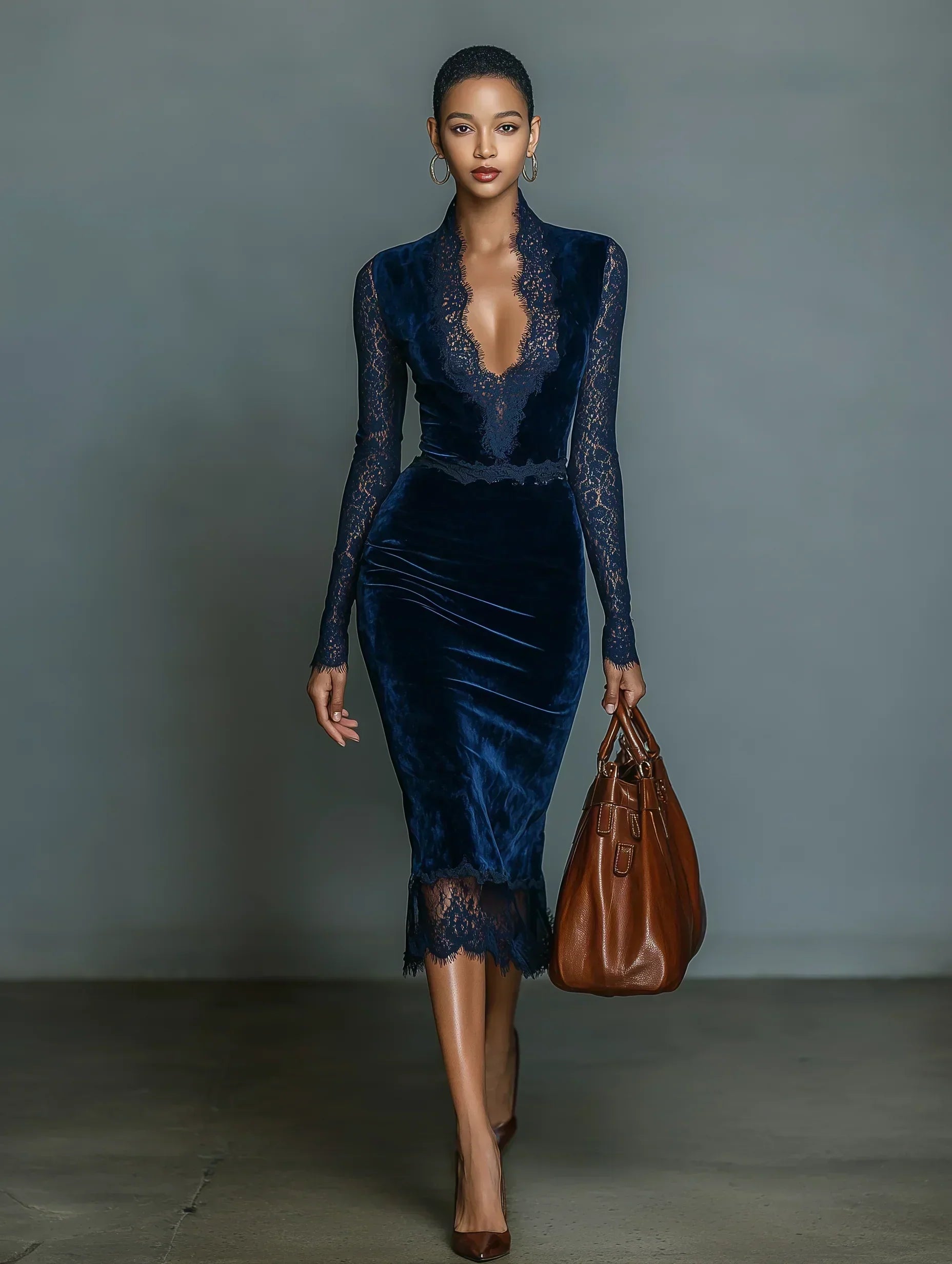 Vestido midi de terciopelo con escote en V y encaje