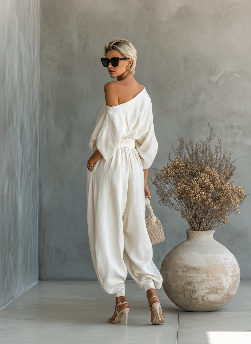 Conjunto de lino con blusa de hombros descubiertos y pantalón