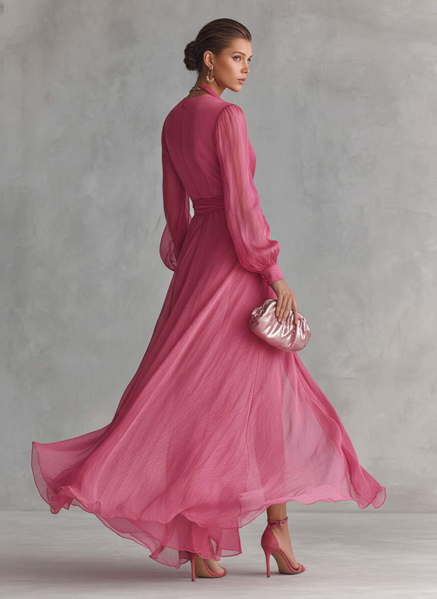 Vestido rosa de chifón con escote en V