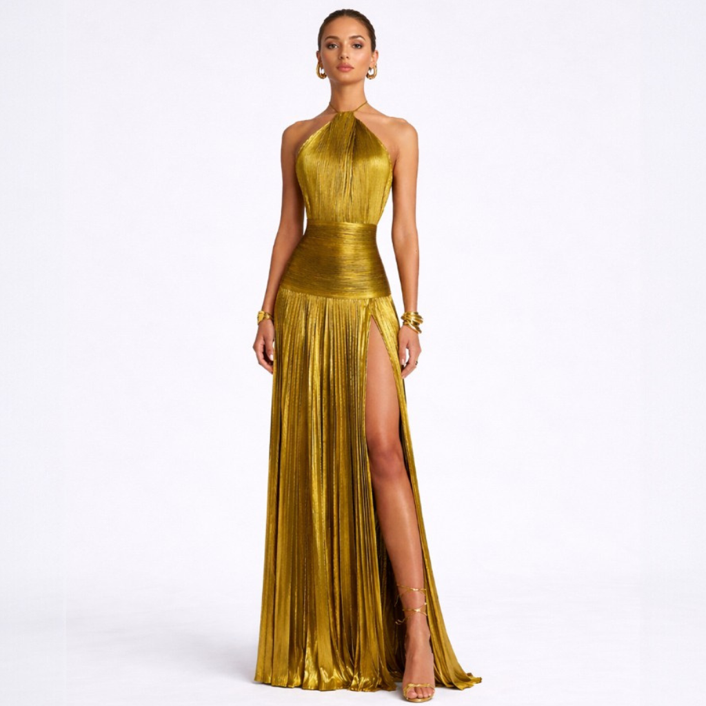 Emma | Vestido halter de espalda descubierta metalizado