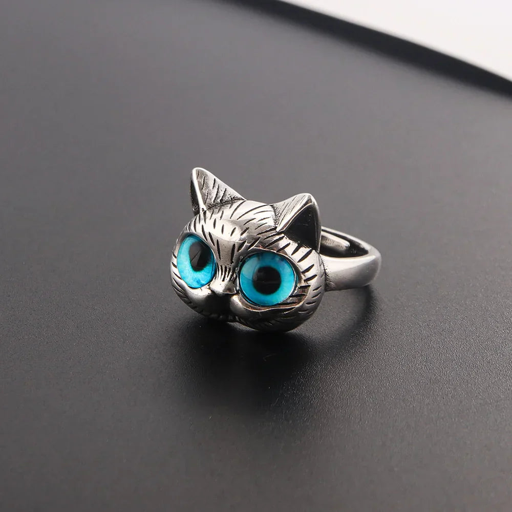 Anillo Vintage Con Gato De Ojos Azules