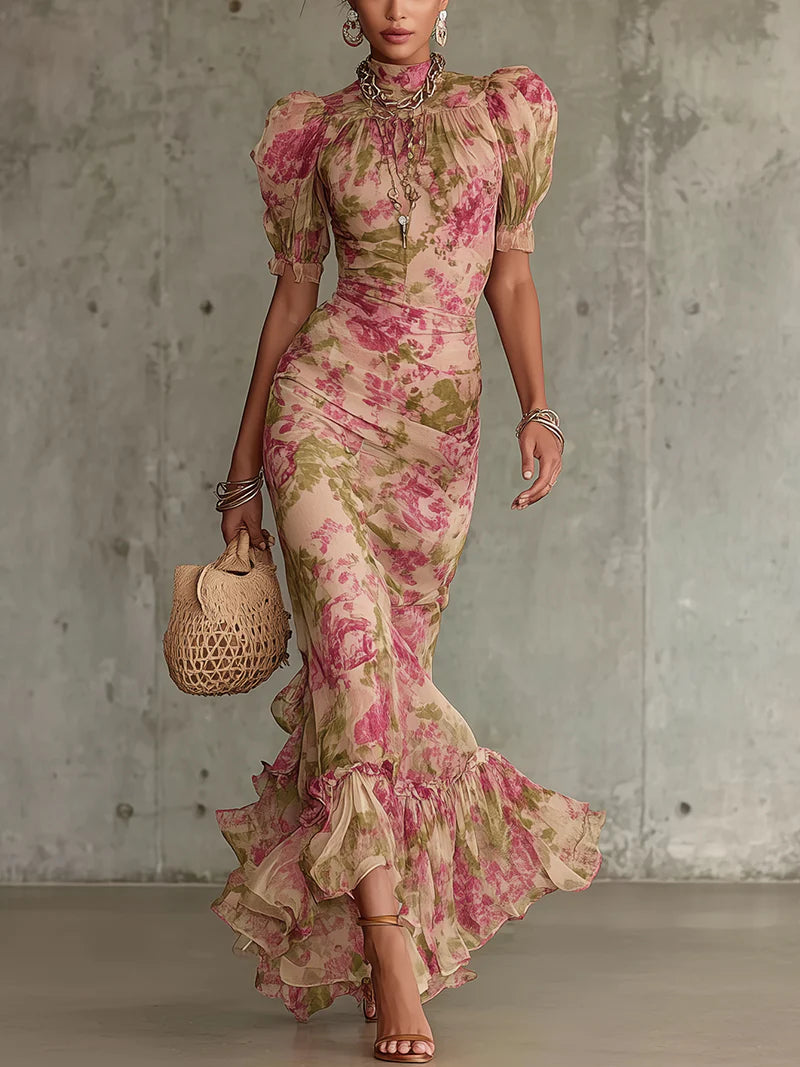 Fiora - Vestido largo con estampado vintage de rosas y mangas abullonadas