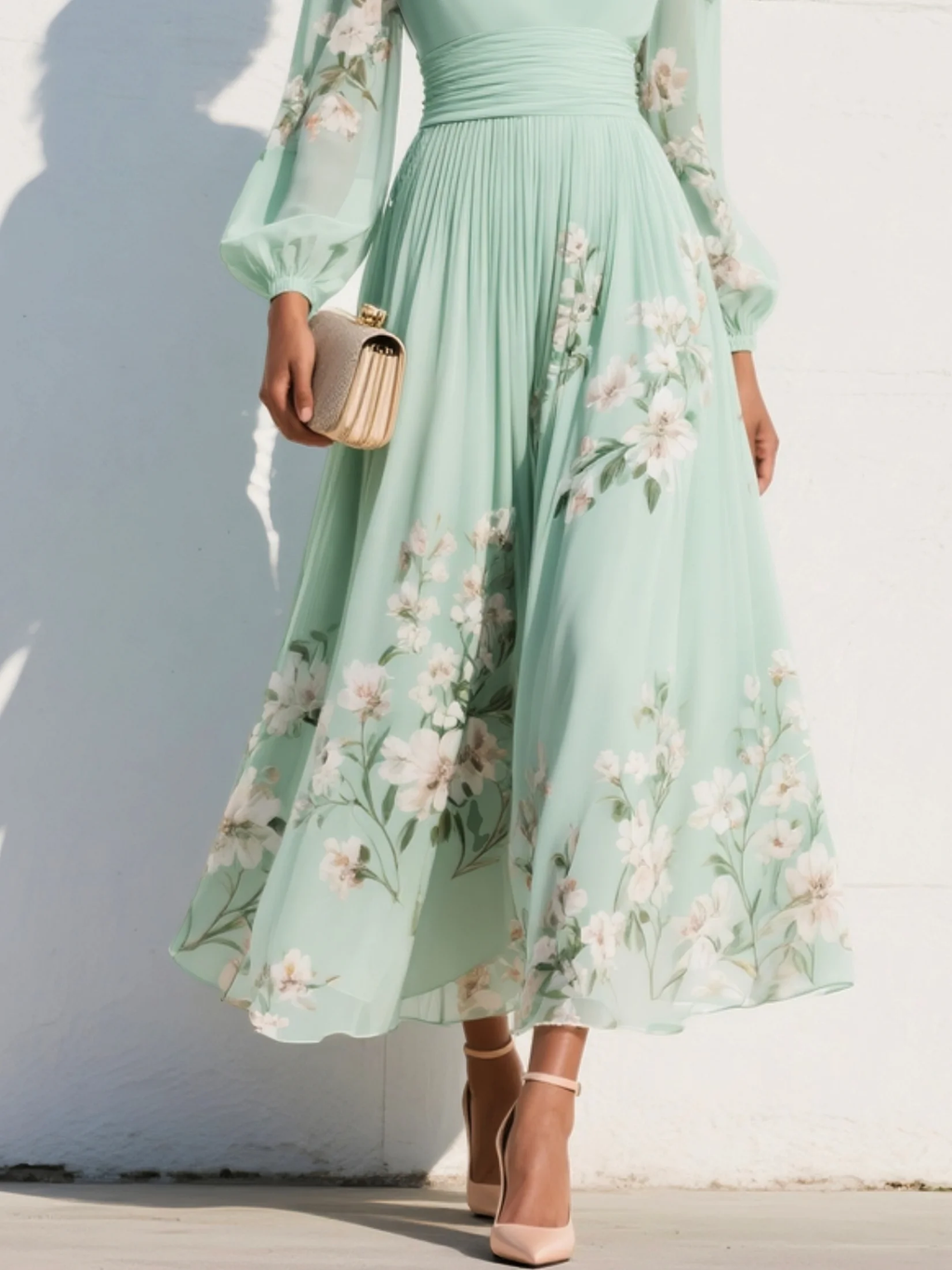 Vestido maxi plisado de chiffón en verde menta con estampado floral para mujeres
