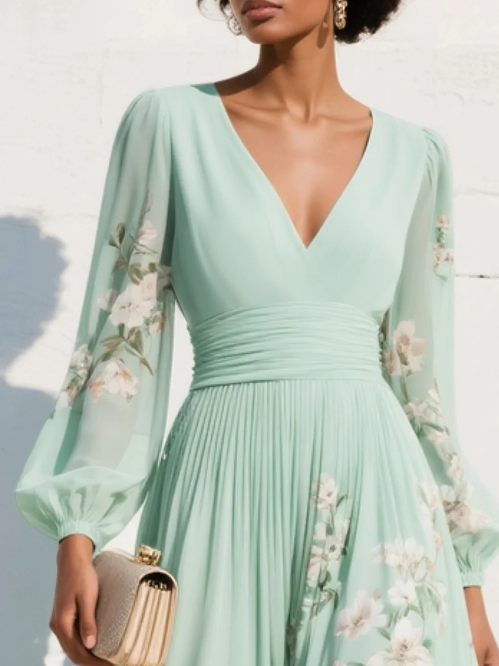 Vestido maxi plisado de chiffón en verde menta con estampado floral para mujeres
