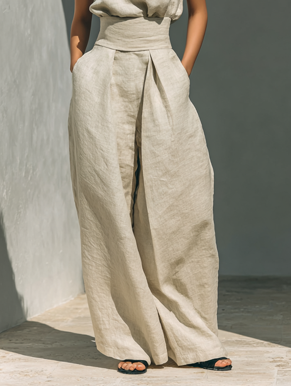 Aurora | Conjunto formado por un top sin mangas beige en una mezcla de algodón y lino y pantalones de pierna ancha