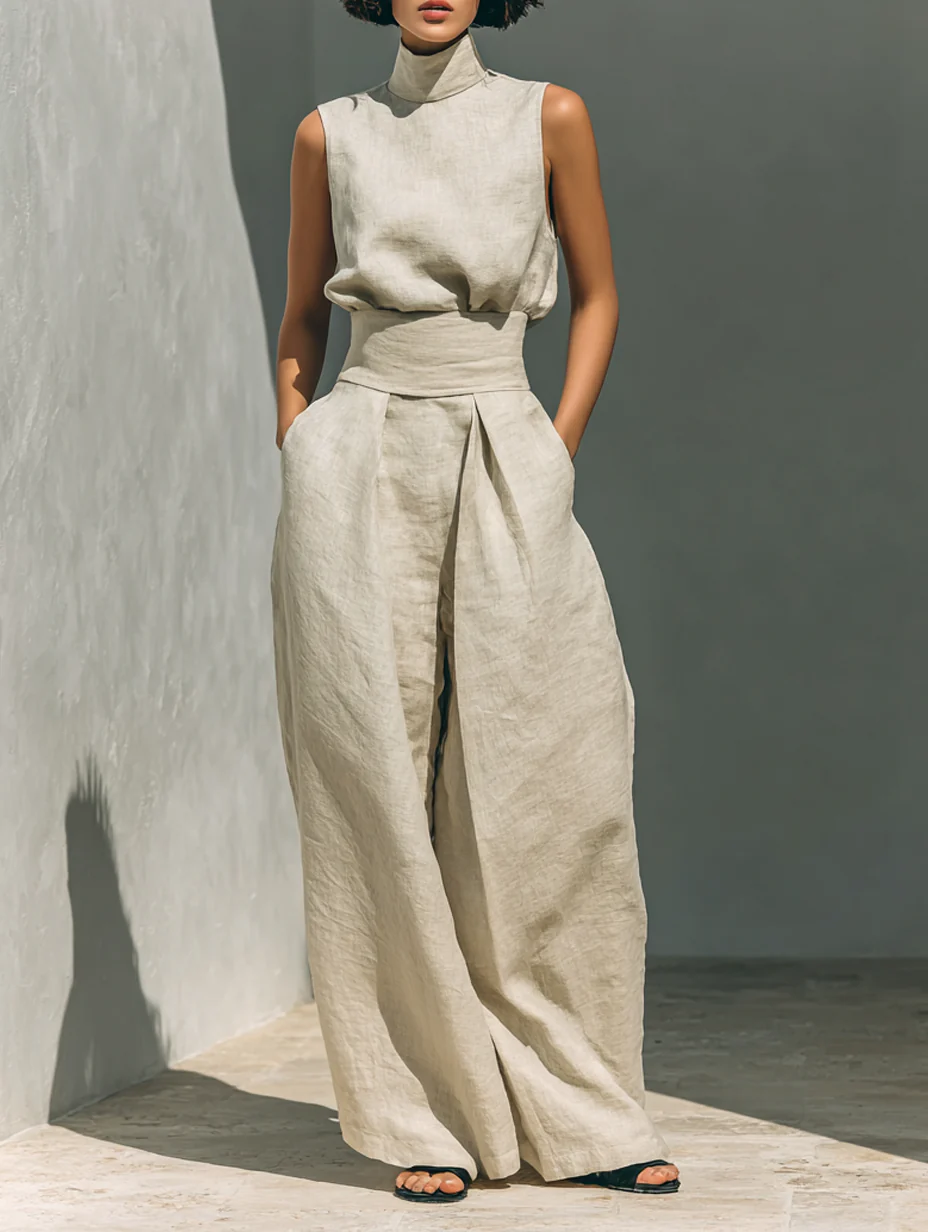 Aurora | Conjunto formado por un top sin mangas beige en una mezcla de algodón y lino y pantalones de pierna ancha