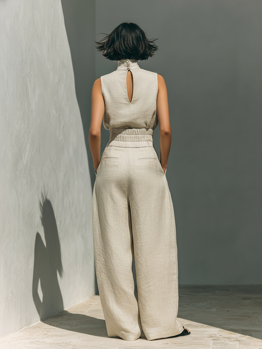 Aurora | Conjunto formado por un top sin mangas beige en una mezcla de algodón y lino y pantalones de pierna ancha
