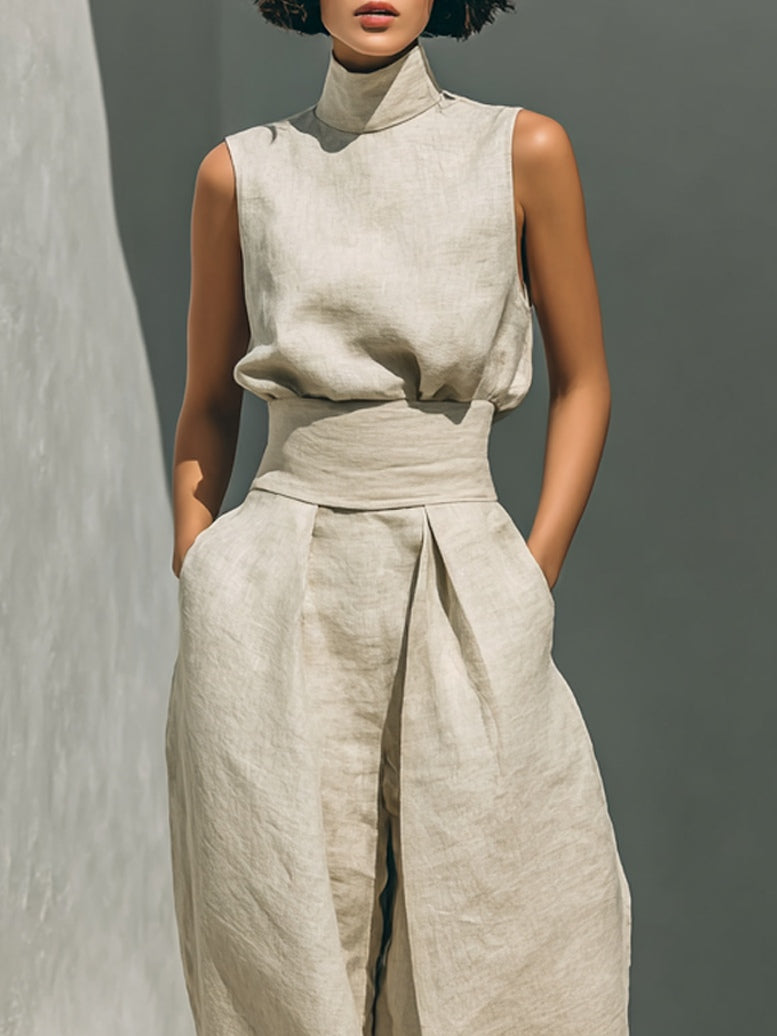 Aurora | Conjunto formado por un top sin mangas beige en una mezcla de algodón y lino y pantalones de pierna ancha