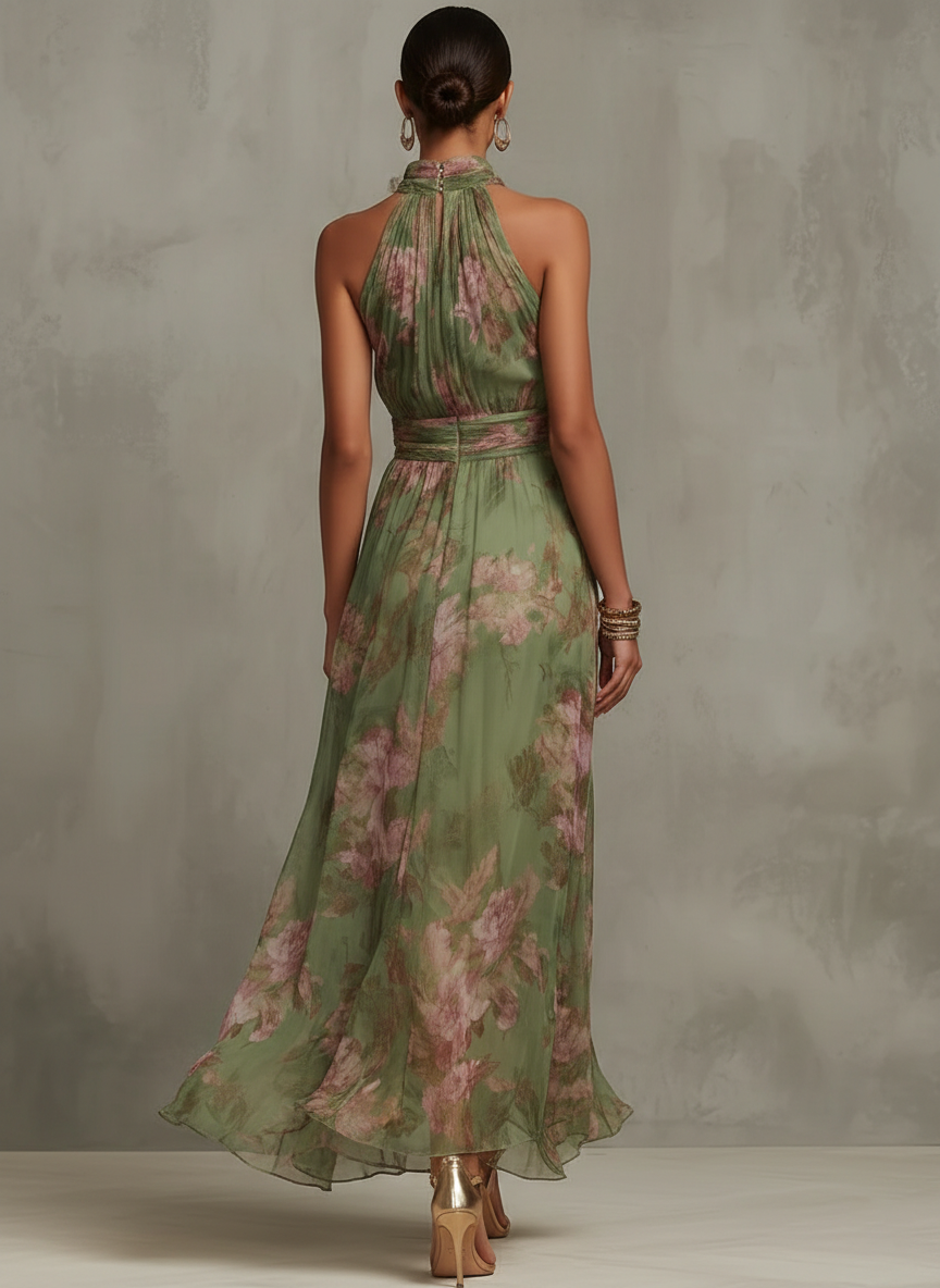Serena - Vestido largo de gasa verde con estampado floral y escote halter