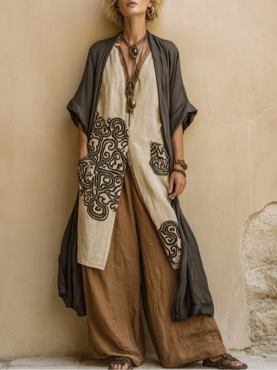 Giulia - Conjunto de tres piezas bohemio nómada en gris oscuro y marrón con patrón tribal