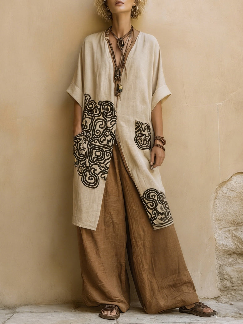 Giulia - Conjunto de tres piezas bohemio nómada en gris oscuro y marrón con patrón tribal
