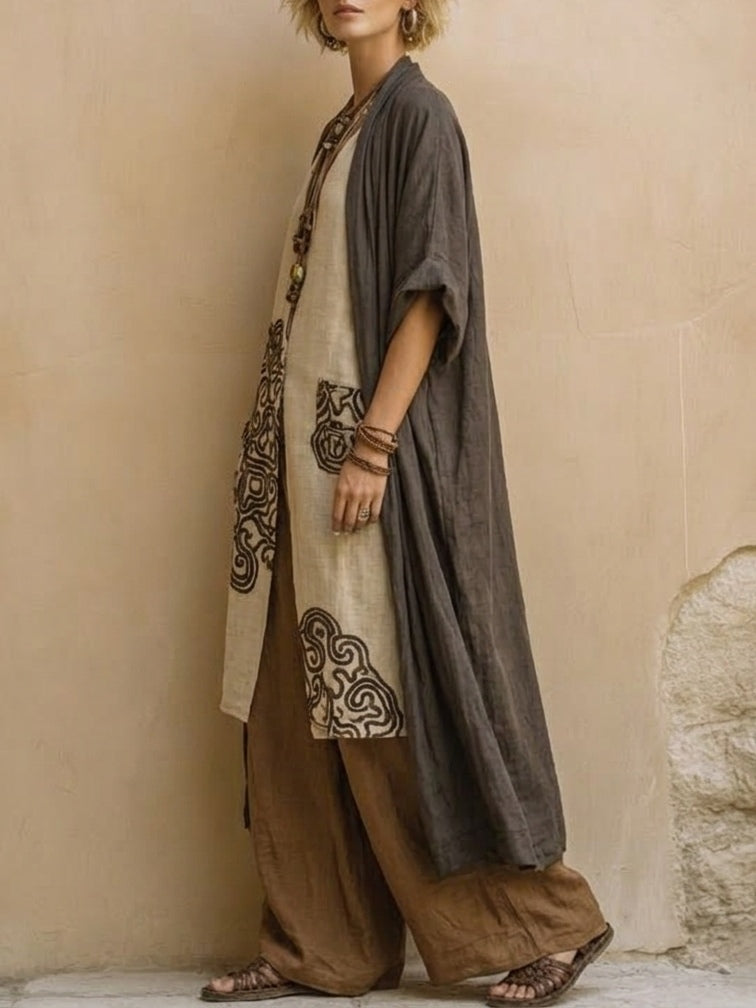 Giulia - Conjunto de tres piezas bohemio nómada en gris oscuro y marrón con patrón tribal
