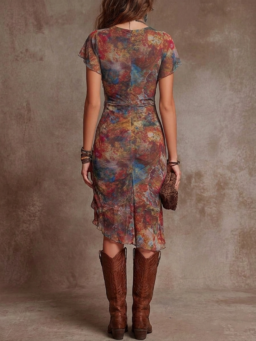 Martina - Vestido midi plisado con escote en V, estampado de arte abstracto en estilo bohemio