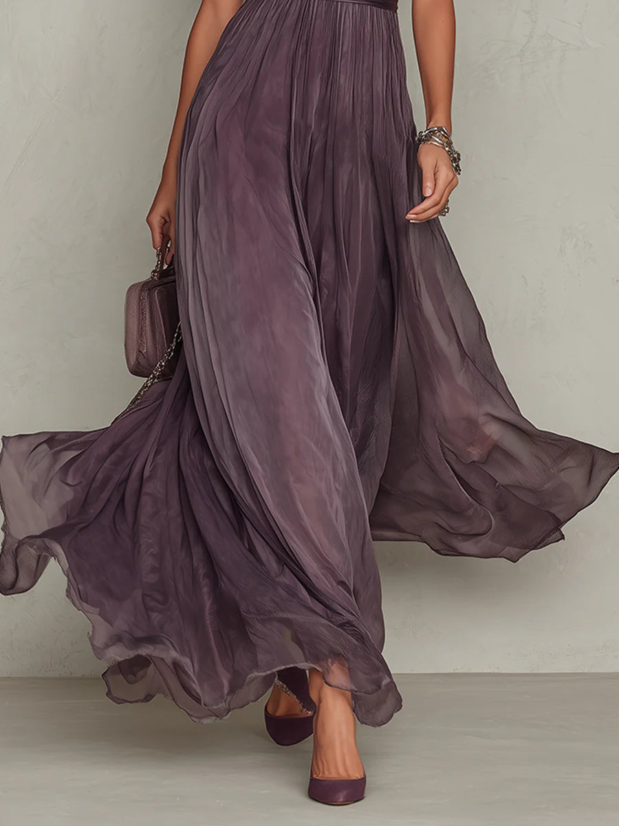 Flavia | Vestido largo morado con escote en forma de llave, borde de encaje de chifón