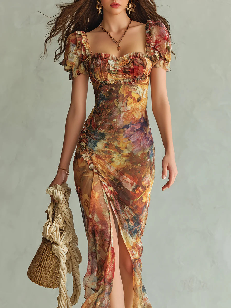 Viola | Vestido largo de chifón naranja con estampado de pintura al óleo de estilo bohemio
