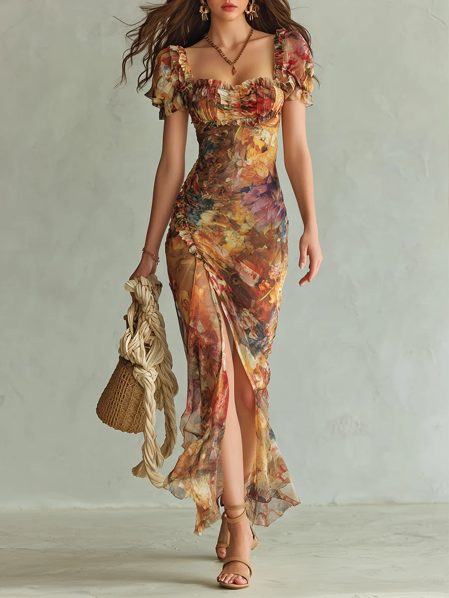 Viola | Vestido largo de chifón naranja con estampado de pintura al óleo de estilo bohemio