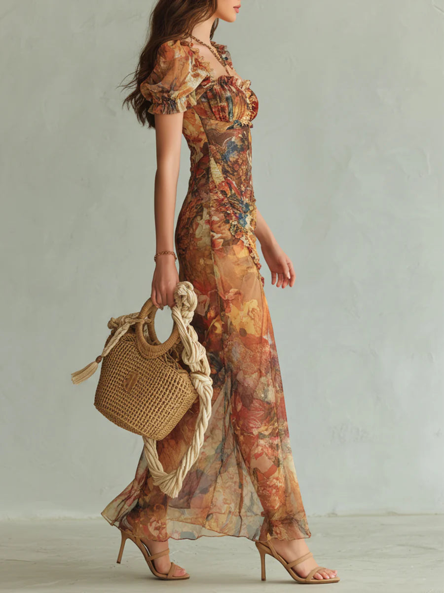 Viola | Vestido largo de chifón naranja con estampado de pintura al óleo de estilo bohemio