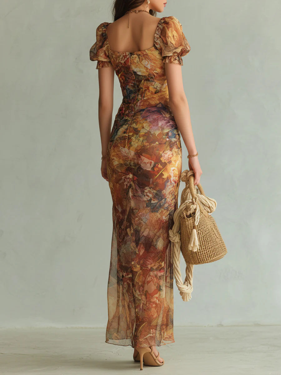 Viola | Vestido largo de chifón naranja con estampado de pintura al óleo de estilo bohemio