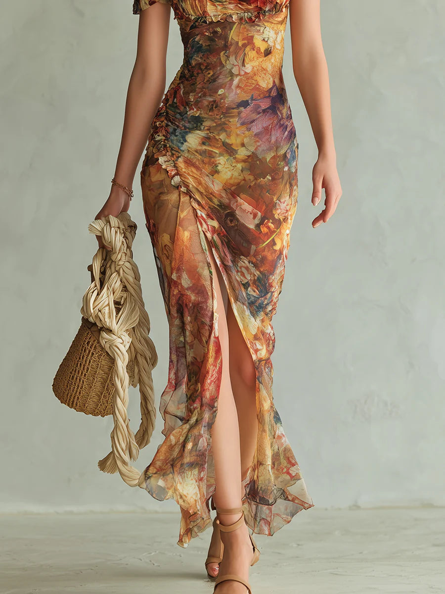 Viola | Vestido largo de chifón naranja con estampado de pintura al óleo de estilo bohemio