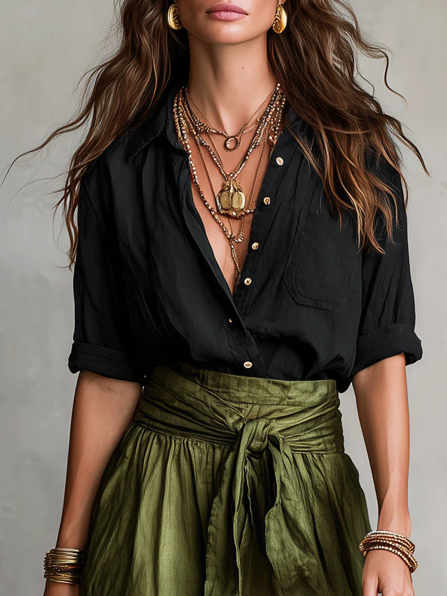 Aitana | Set di due pezzi con camicia nera e gonna midi verde oliva per donna