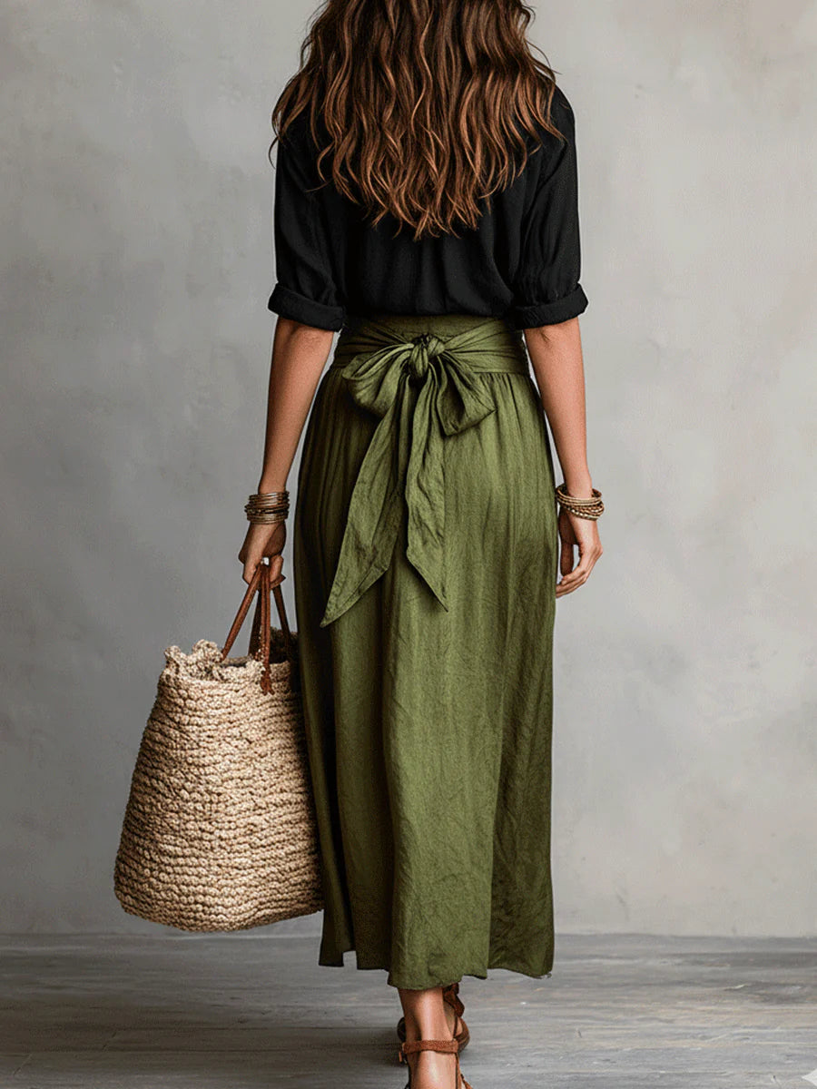 Aitana | Set di due pezzi con camicia nera e gonna midi verde oliva per donna