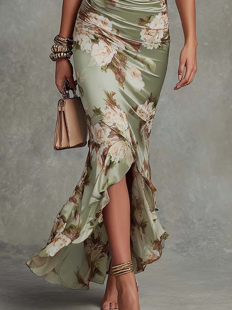 Anna - Vestido largo asimétrico de satén verde con escote en V, mangas abullonadas con vuelo y estampado floral