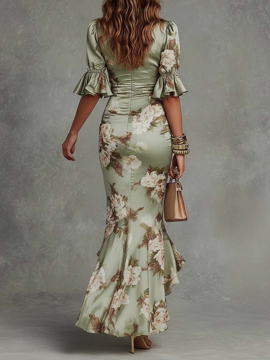 Anna - Vestido largo asimétrico de satén verde con escote en V, mangas abullonadas con vuelo y estampado floral
