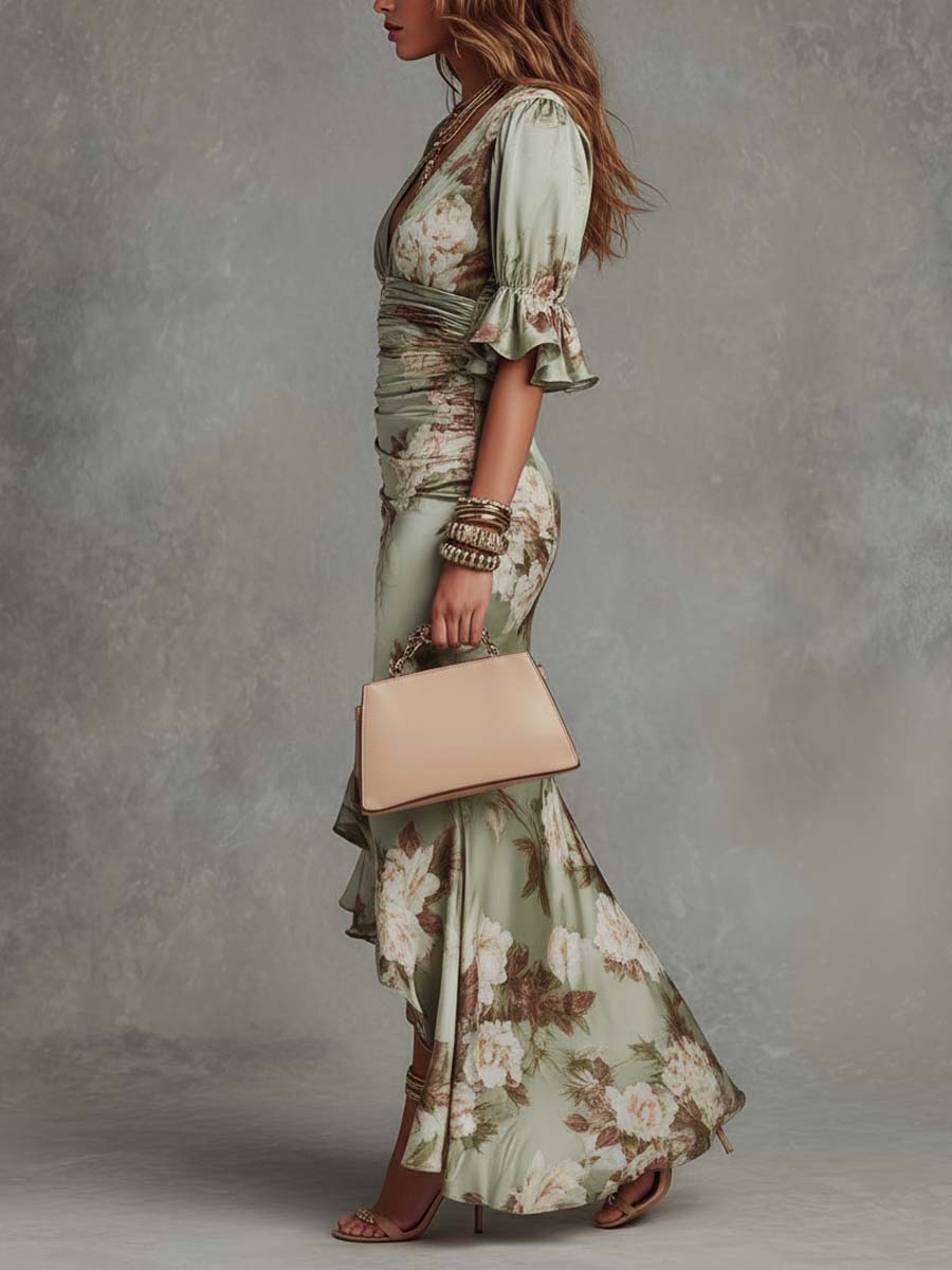 Anna - Vestido largo asimétrico de satén verde con escote en V, mangas abullonadas con vuelo y estampado floral