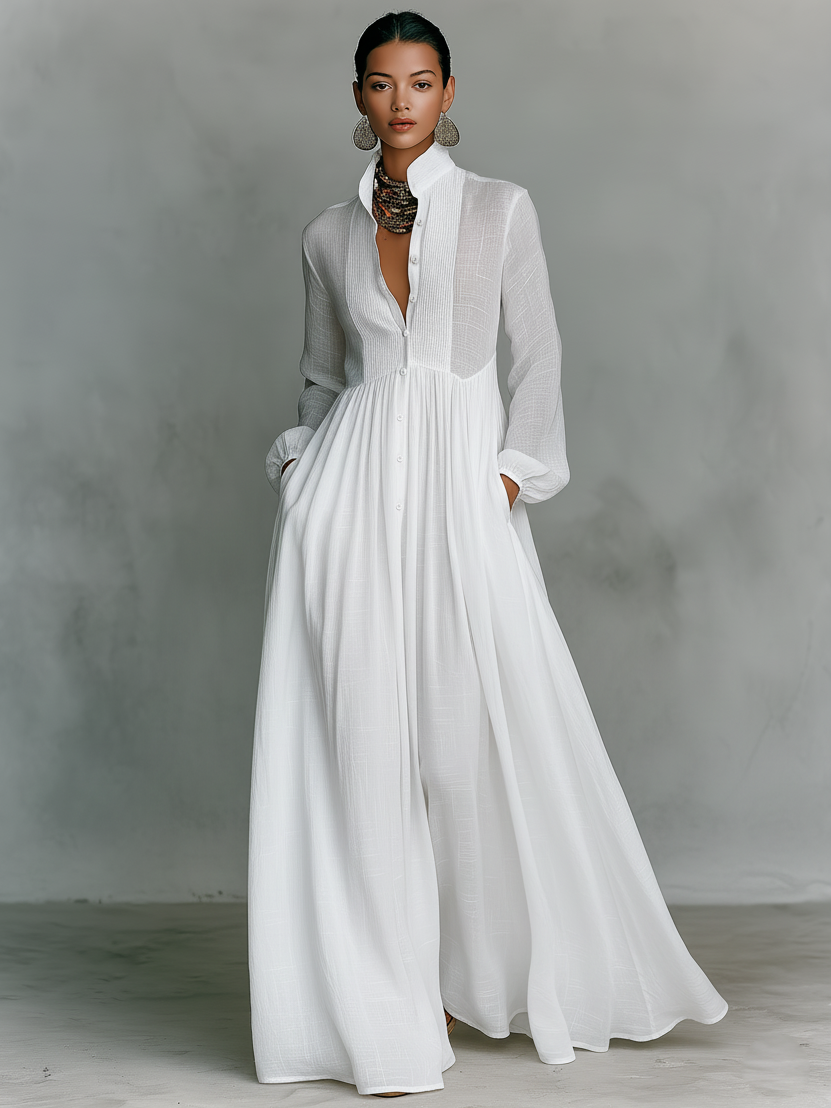 Vestido maxi patchwork de lino con cuello alto