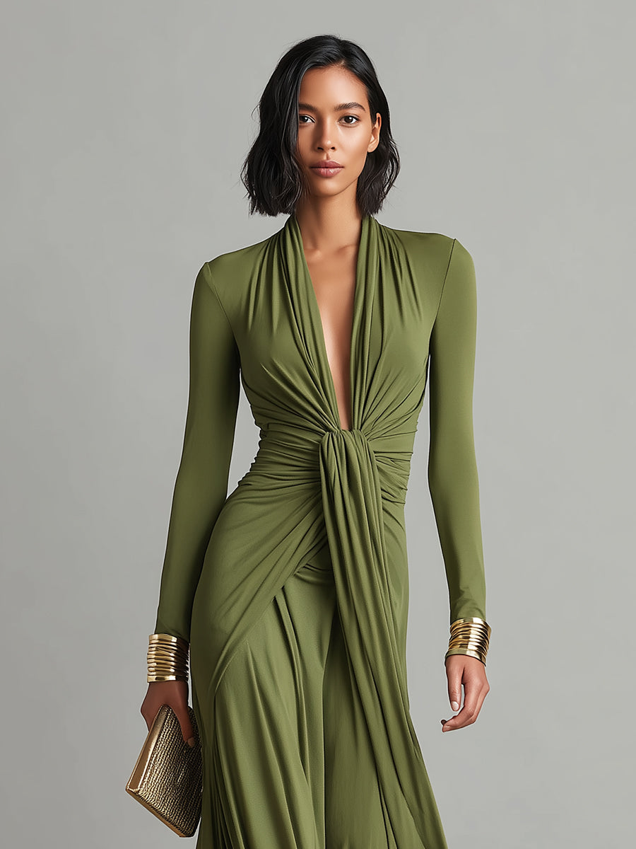 Vestido maxi de seda color oliva con escote en V