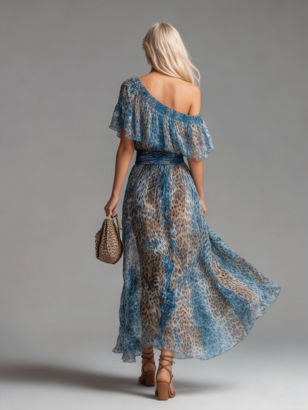 Wild - Vestido largo de chiffón con estampado de leopardo y hombros descubiertos