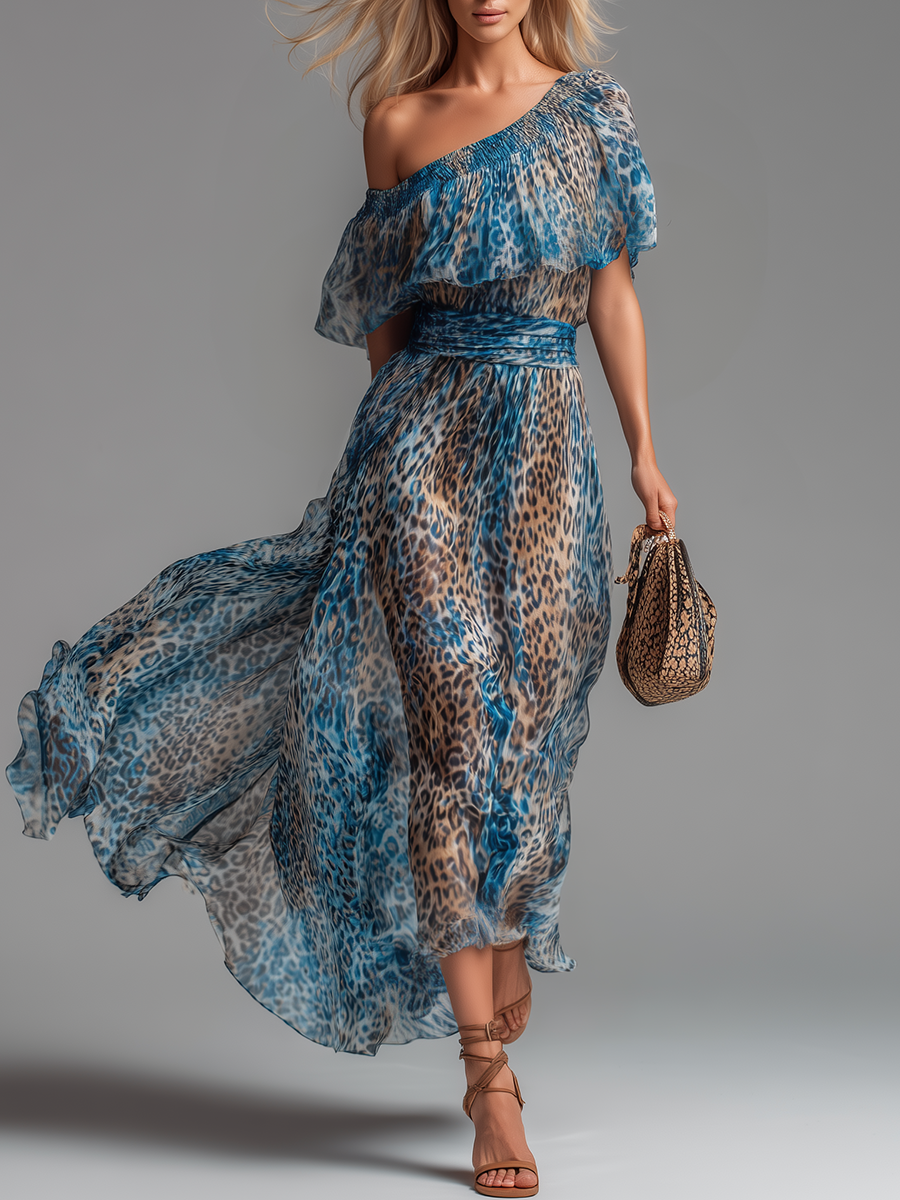 Wild - Vestido largo de chiffón con estampado de leopardo y hombros descubiertos