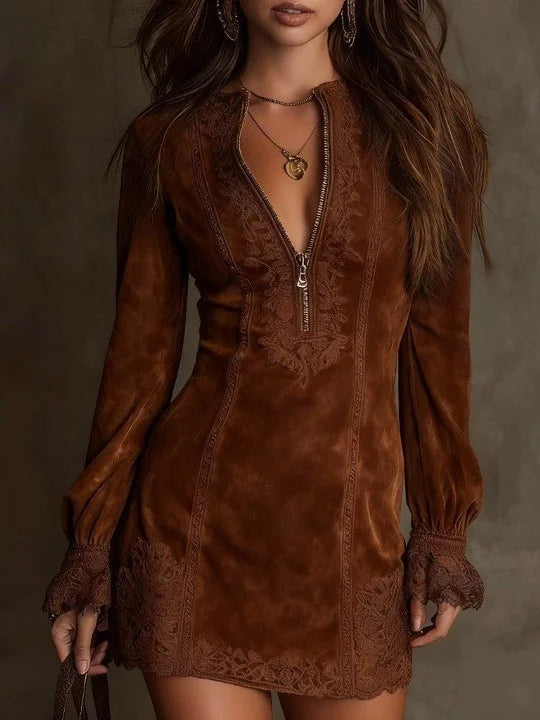 AURORA | Vestido Mini De Gamuza Con Encaje