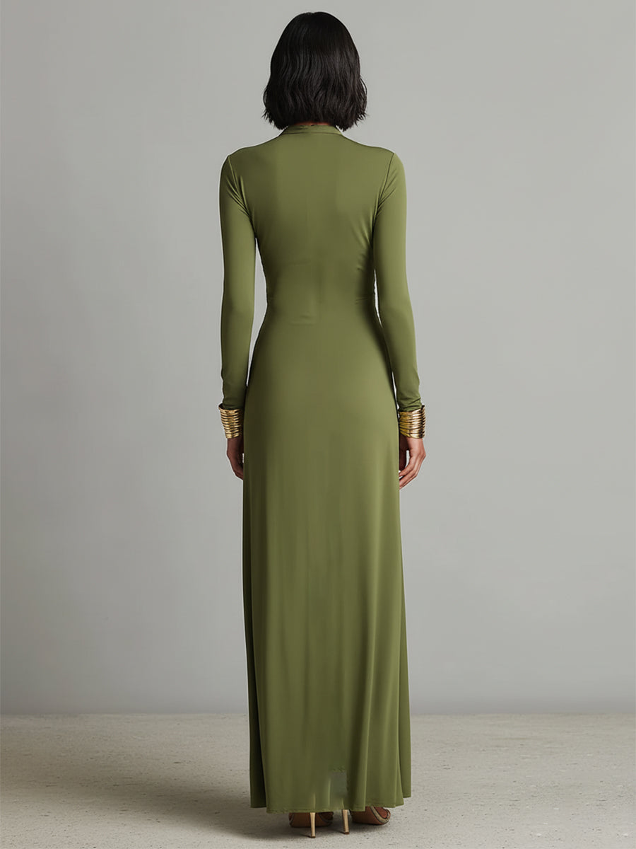 Vestido maxi de seda color oliva con escote en V