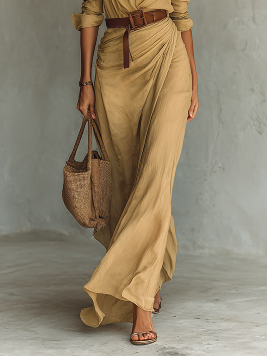 Vestido maxi con cuello tipo solapa y mangas largas