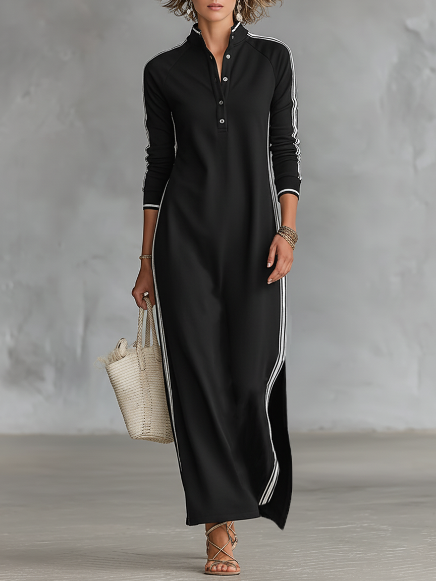 Vestido maxi de sudadera con cuello abotonado