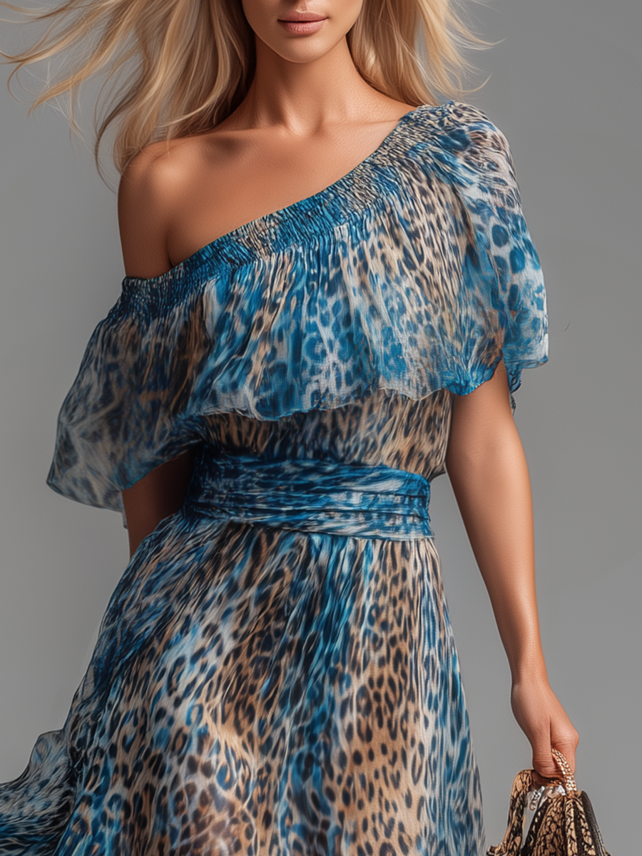 Wild - Vestido largo de chiffón con estampado de leopardo y hombros descubiertos