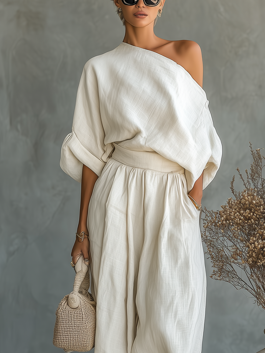 Conjunto de lino con blusa de hombros descubiertos y pantalón