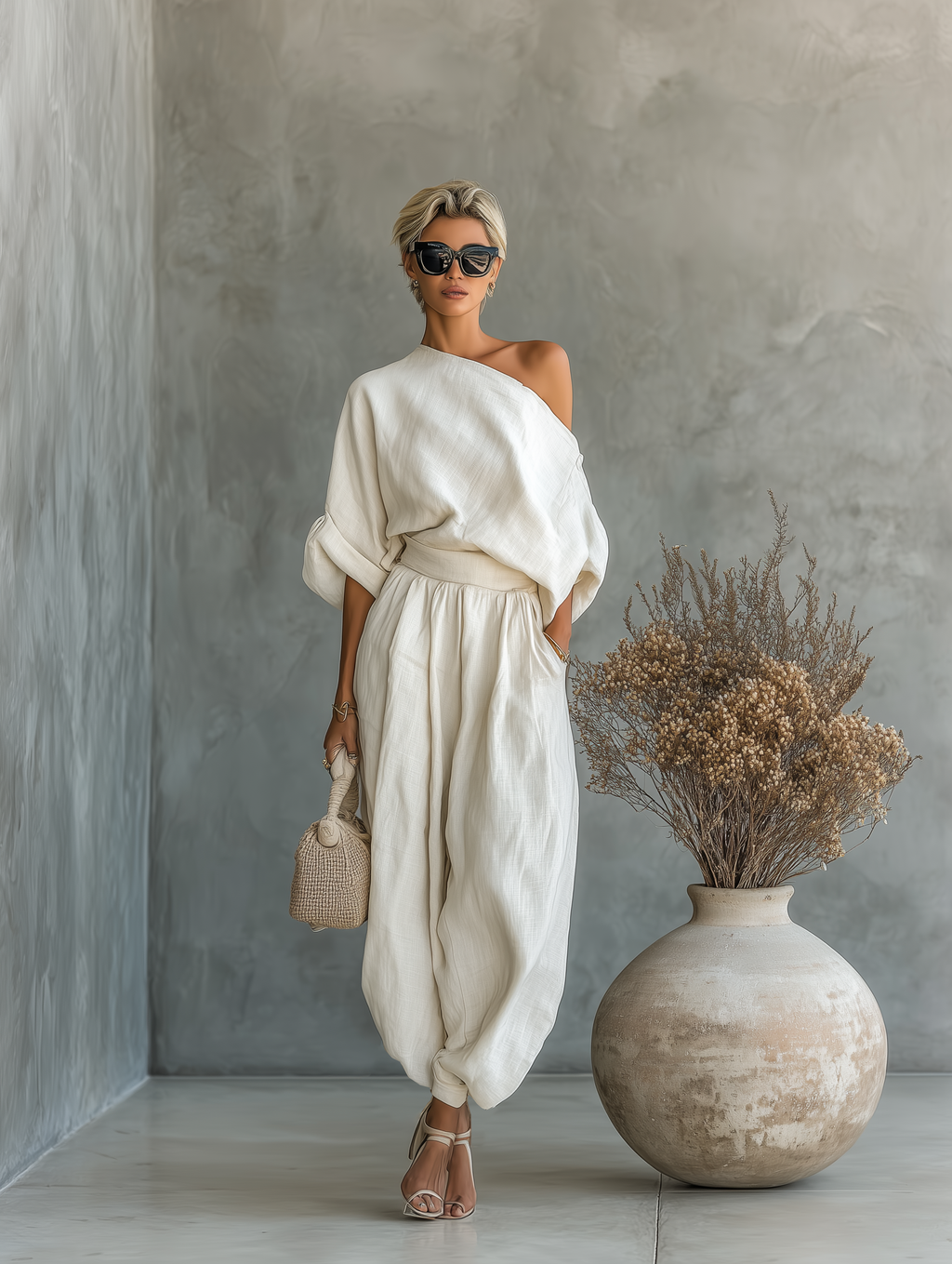 Conjunto de lino con blusa de hombros descubiertos y pantalón